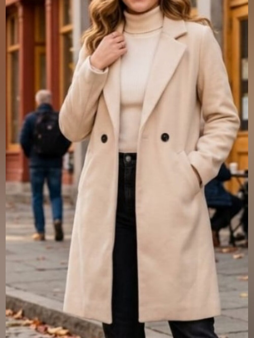 Fashion.. Classic Cream Double-Breasted 10% Wool-Blend Coat. Size S